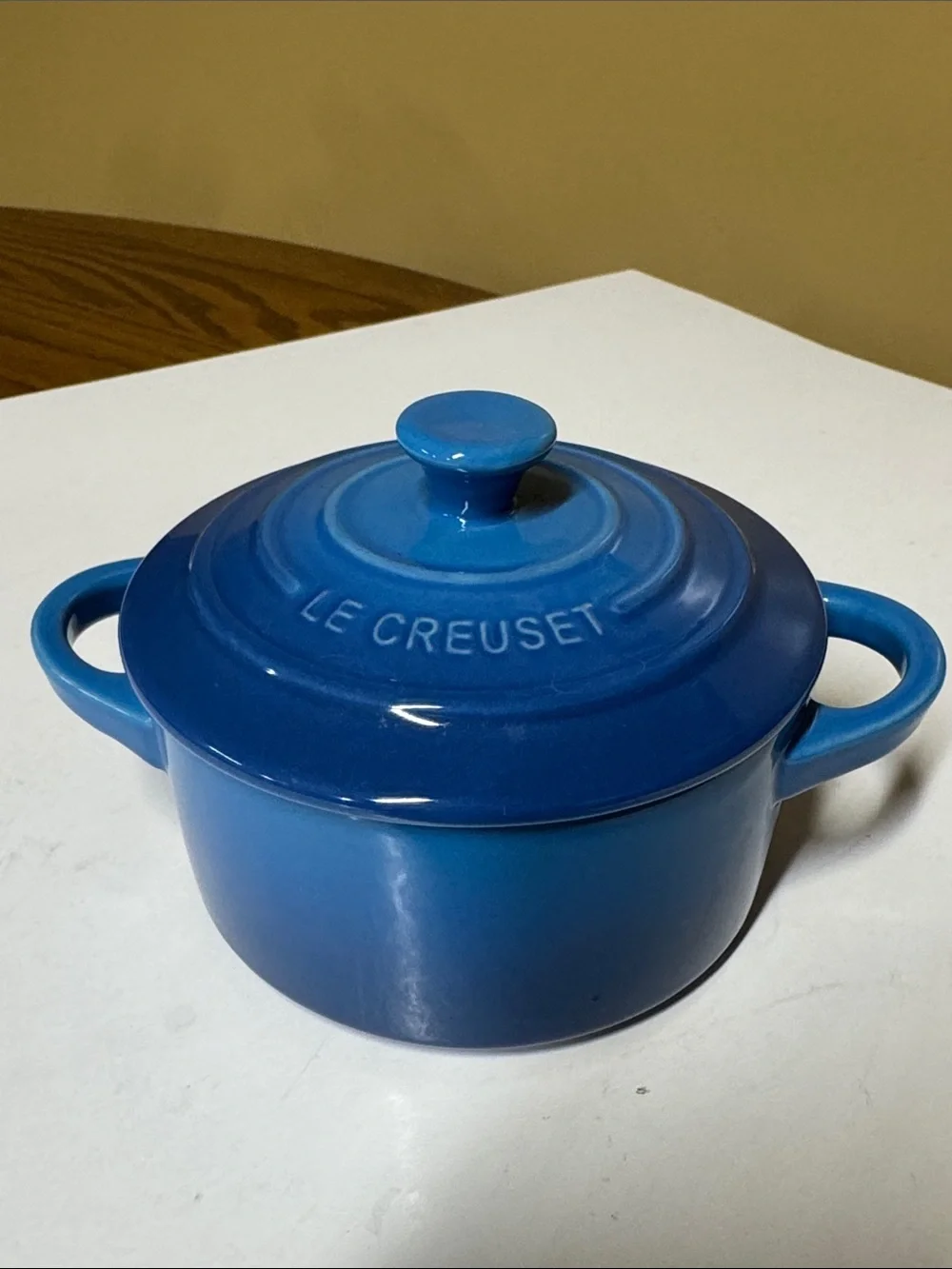 Le Creuset Mini Round Cocotte Marseille Blue Stoneware with Lid 8 oz
